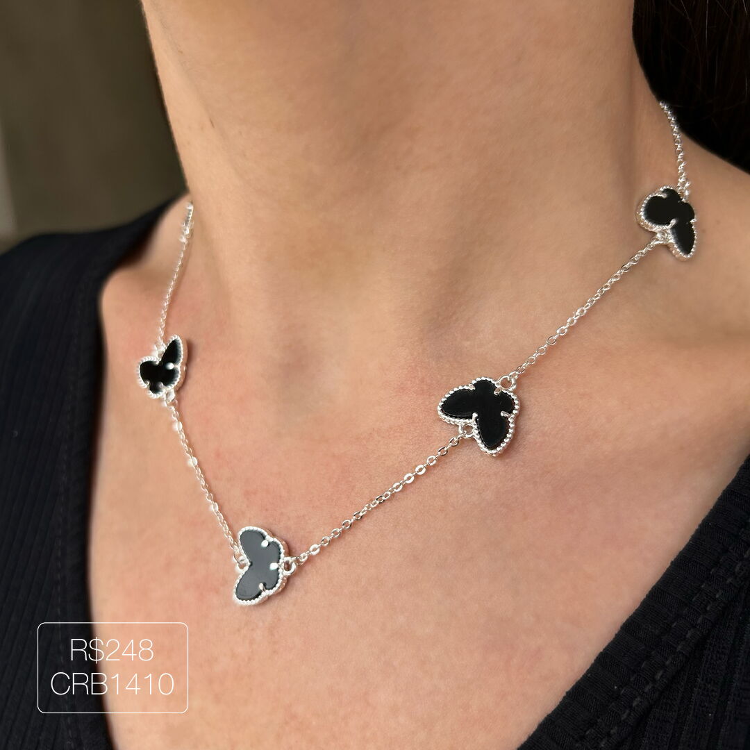 Colar Borboleta c/ 5 Pingente Preto Prateado